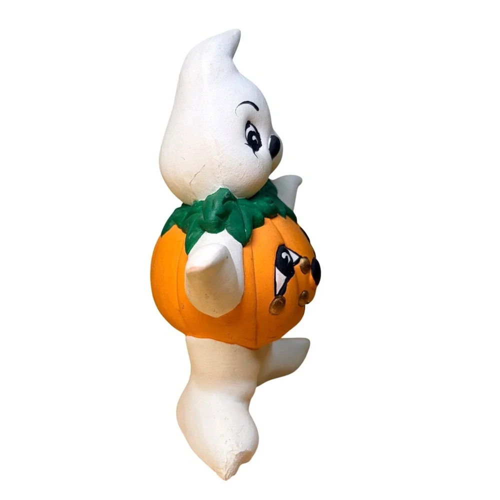 Vtg Ceramic Ghost Holding Pumpkin Figurine Halloween Jack O Lantern Sad Face